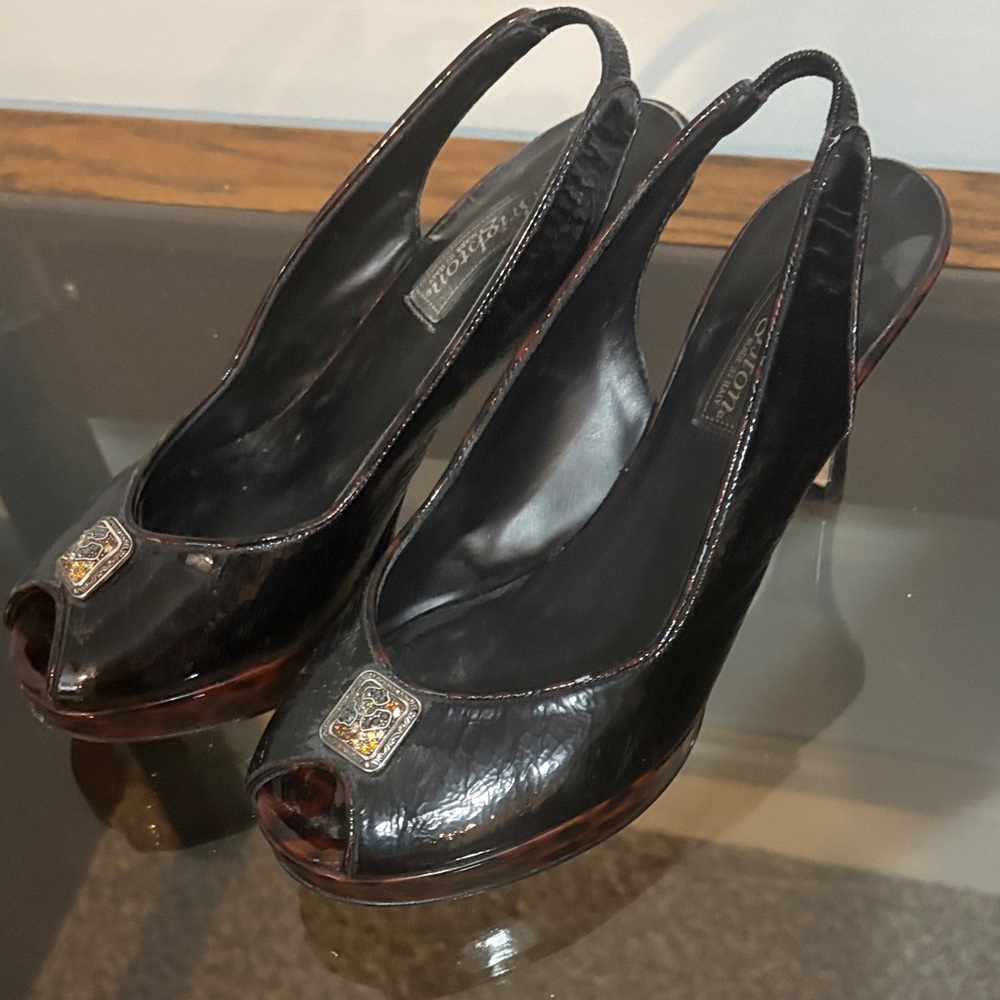 Brighton Black Peep-Toe Slingback Heels